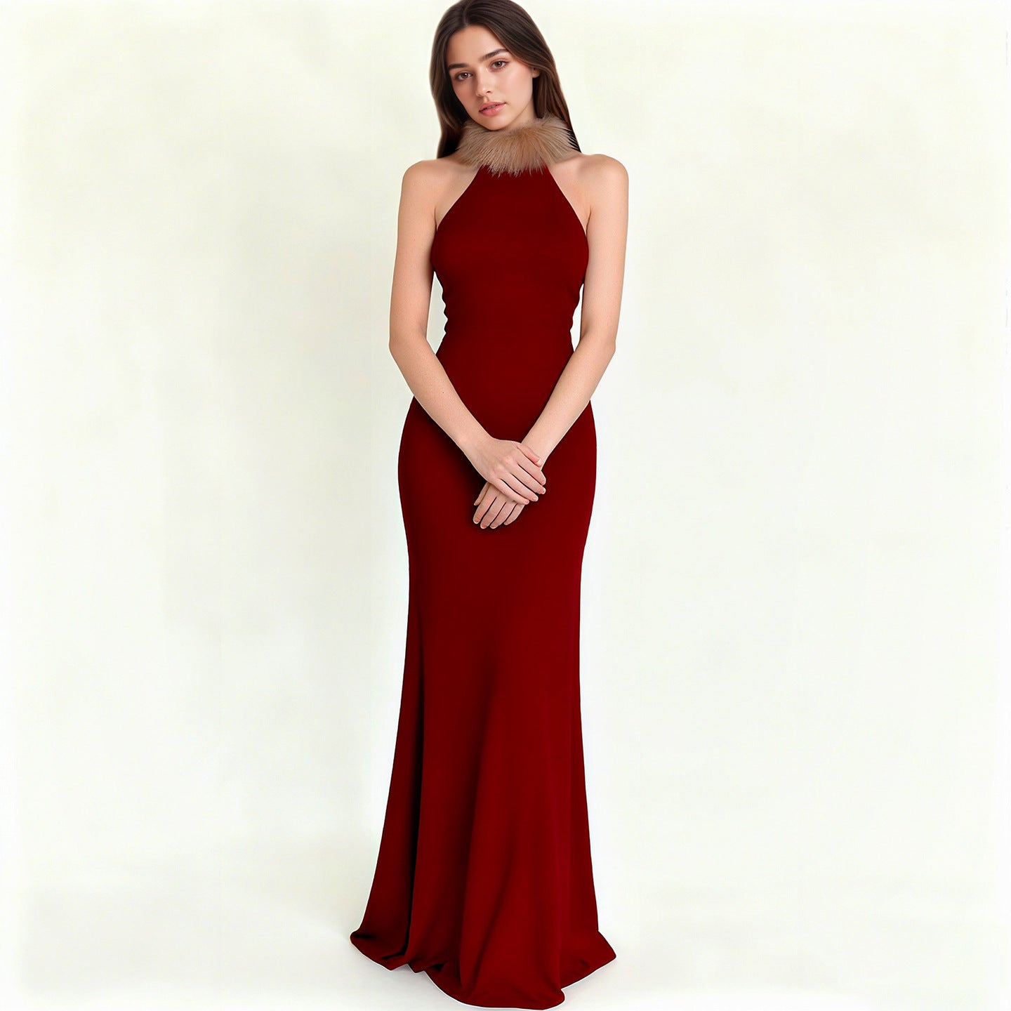 Damen Elegantes Maxikleid mit luxuriösem Kunstpelzkragen R&B