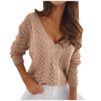 Damen Strickpullover mit V-Ausschnitt und luftiger Lochmusterstruktur