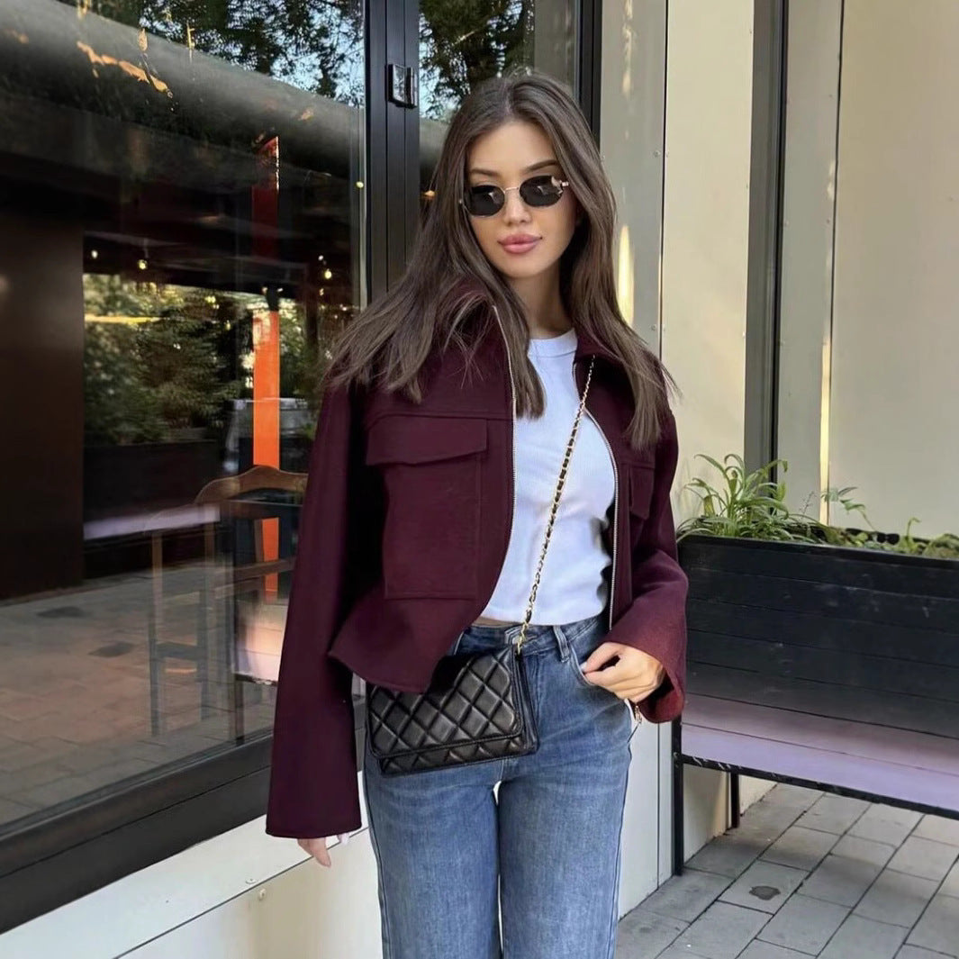 Damen lässige Wolljacke mit praktischen Pattentaschen und Reißverschluss R&B