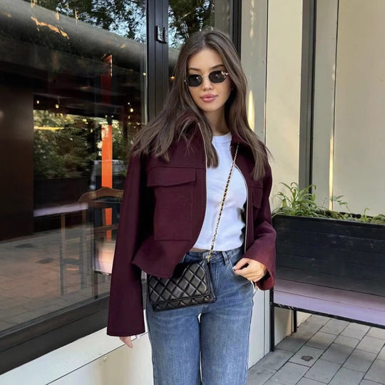 Damen lässige Wolljacke mit praktischen Pattentaschen und Reißverschluss R&B