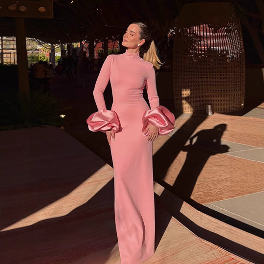 Damen Maxikleid mit rüschenförmigen Ärmeln und elegantem Stehkragen R&B