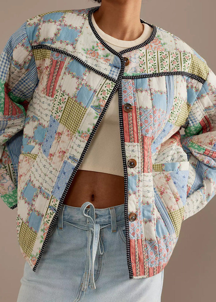 R&B | Patchwork - Baumwoll-Quilted-Jacke mit Rundhals