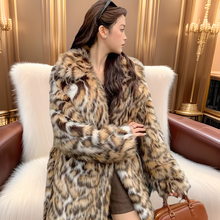 Damen Elegante und modische Kunstpelzjacke mit animalischem Muster R&B