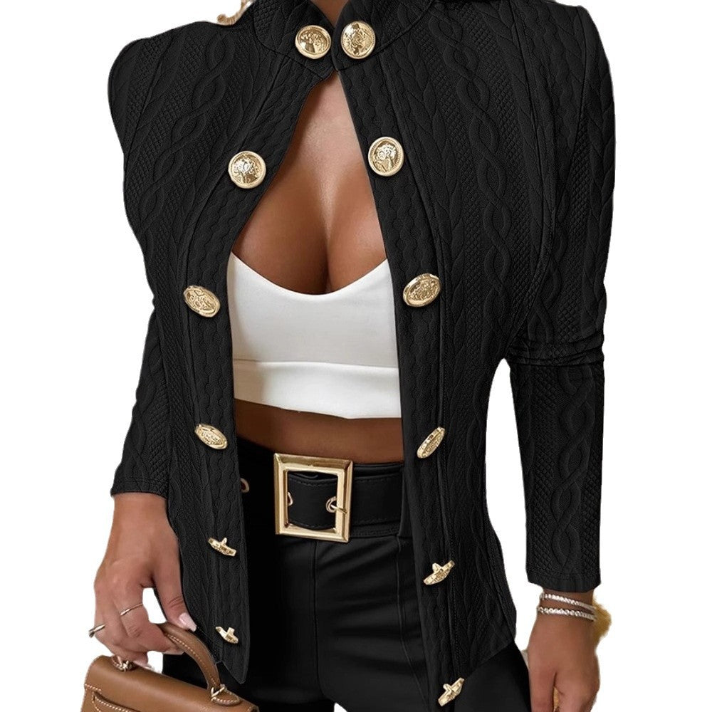 Damen Eleganter Strickblazer mit goldenen Knöpfen und Stehkragen R&B