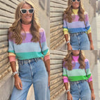 Damen Kurzarm Strickpullover mit hohem Kragen und buntem Streifenmuster R&B
