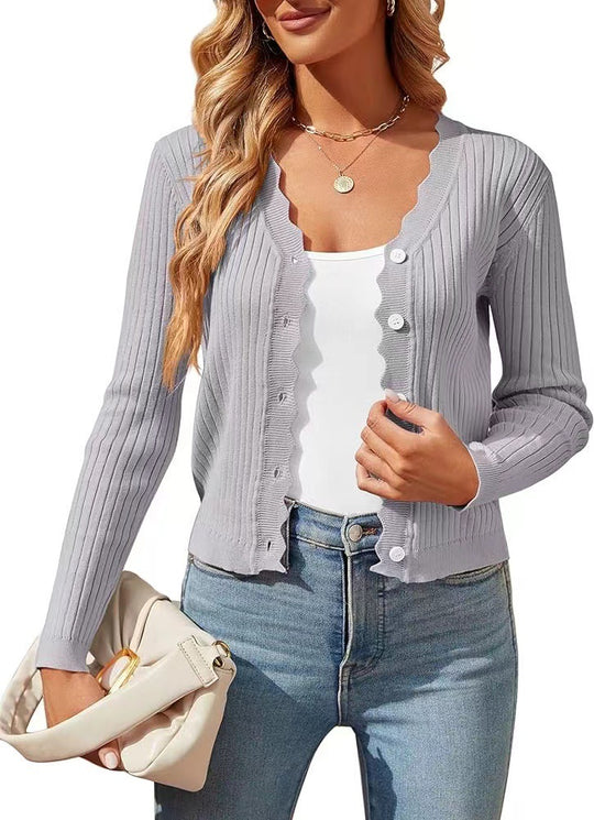 Damen elegante Strickjacke mit Wellenkante R&B