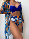 Damen Bikini-Set mit floralem Design und lässiger Überjacke R&B