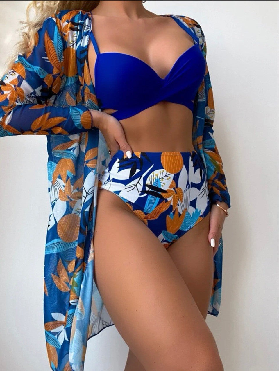 Damen Bikini-Set mit floralem Design und lässiger Überjacke R&B