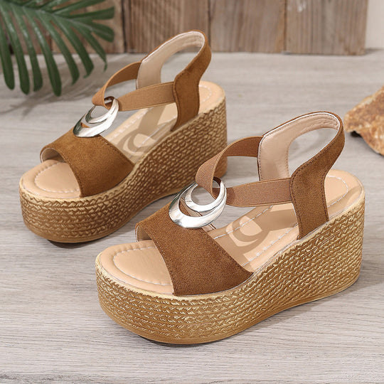 Damen nan Plateausandalette im Retrostil mit Jute-Optik, dekorativem Metallornament und elastischem Fersenriemen R&B