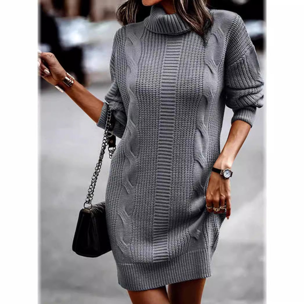 Damen Strickkleid mit Rollkragen und Zopfdesign R&B