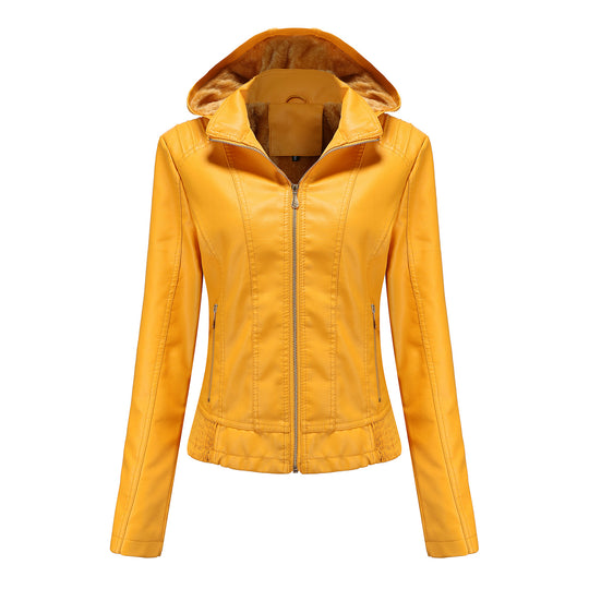 Damen stilvolle Kunstlederjacke mit hochabschließendem Kragen und elastischen Bündchen R&B