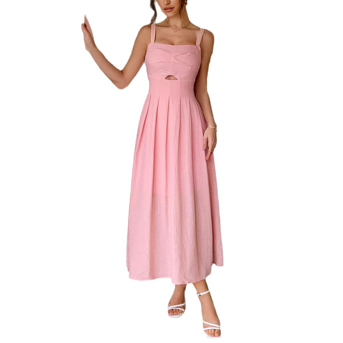 Damen Knielanges Leinenkleid mit ausgestelltem Rock und V-Ausschnitt R&B