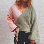Damen Wickelpullover mit elegantem Rippdesign und modischen BindR&Bändern R&B