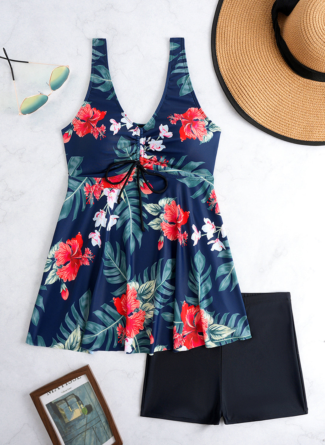 Damen Tankini-Set mit modischem Volant und grafischem Pfauenmuster R&B