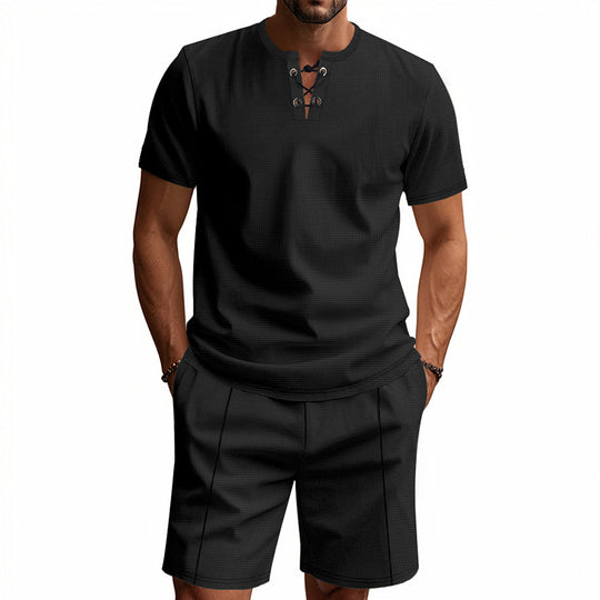 Herren nan kurzärmeliges Schnürkragen-Shirt im Waffeljersey mit Bundfalten-Bermuda R&B