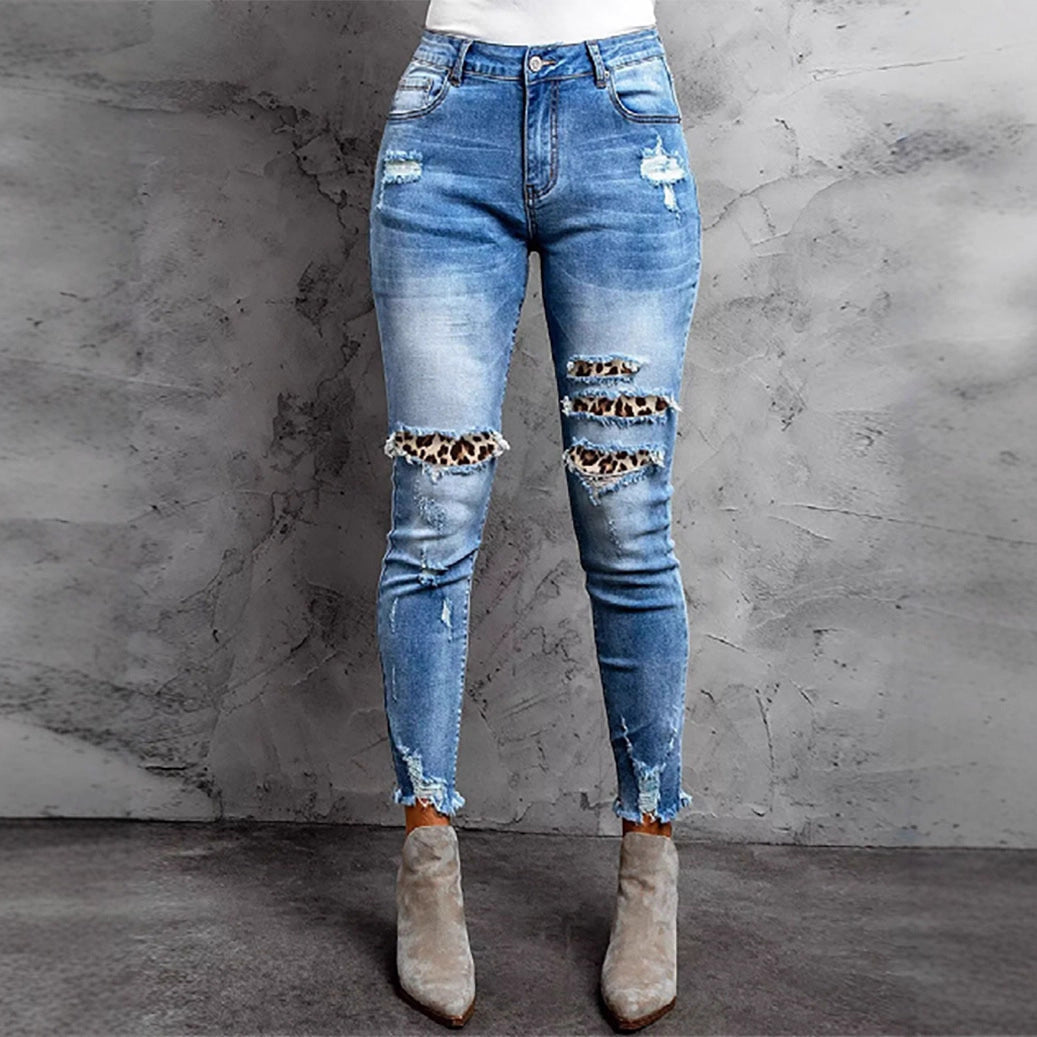 Damen Skinny Jeans im aufregenden Animal-Print mit stylishen Rissen R&B