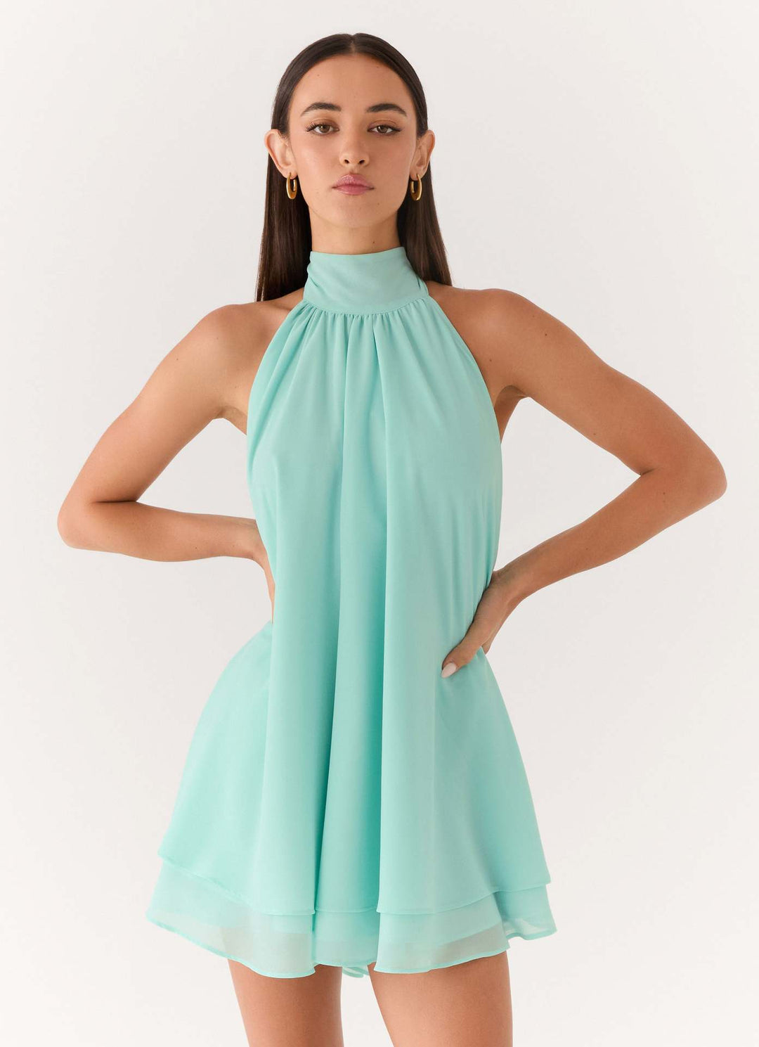 Damen elegantes Hochgeschlossenes Minikleid mit fließendem Stoff und verspieltem Volant R&B