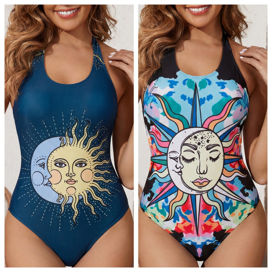 Damen Einteiliger Badeanzug mit originellem Sonnen-Mond-Design R&B