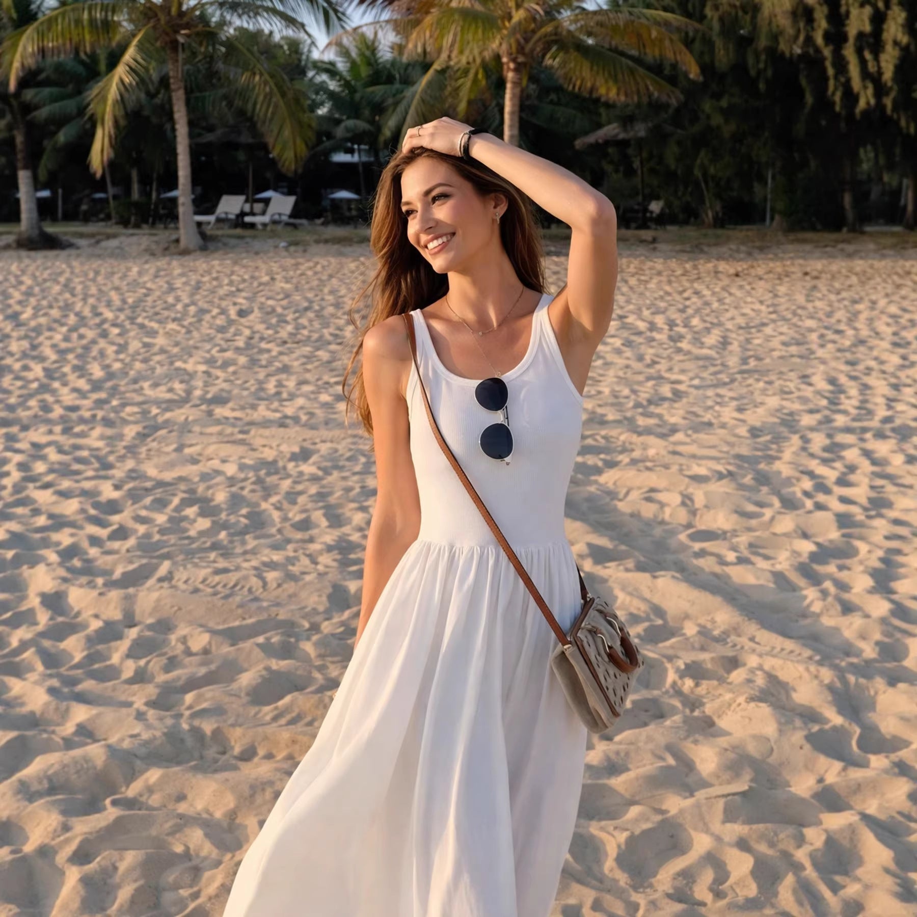 Damen Elegantes Maxikleid mit spaghetti Trägern und fließendem Rock R&B