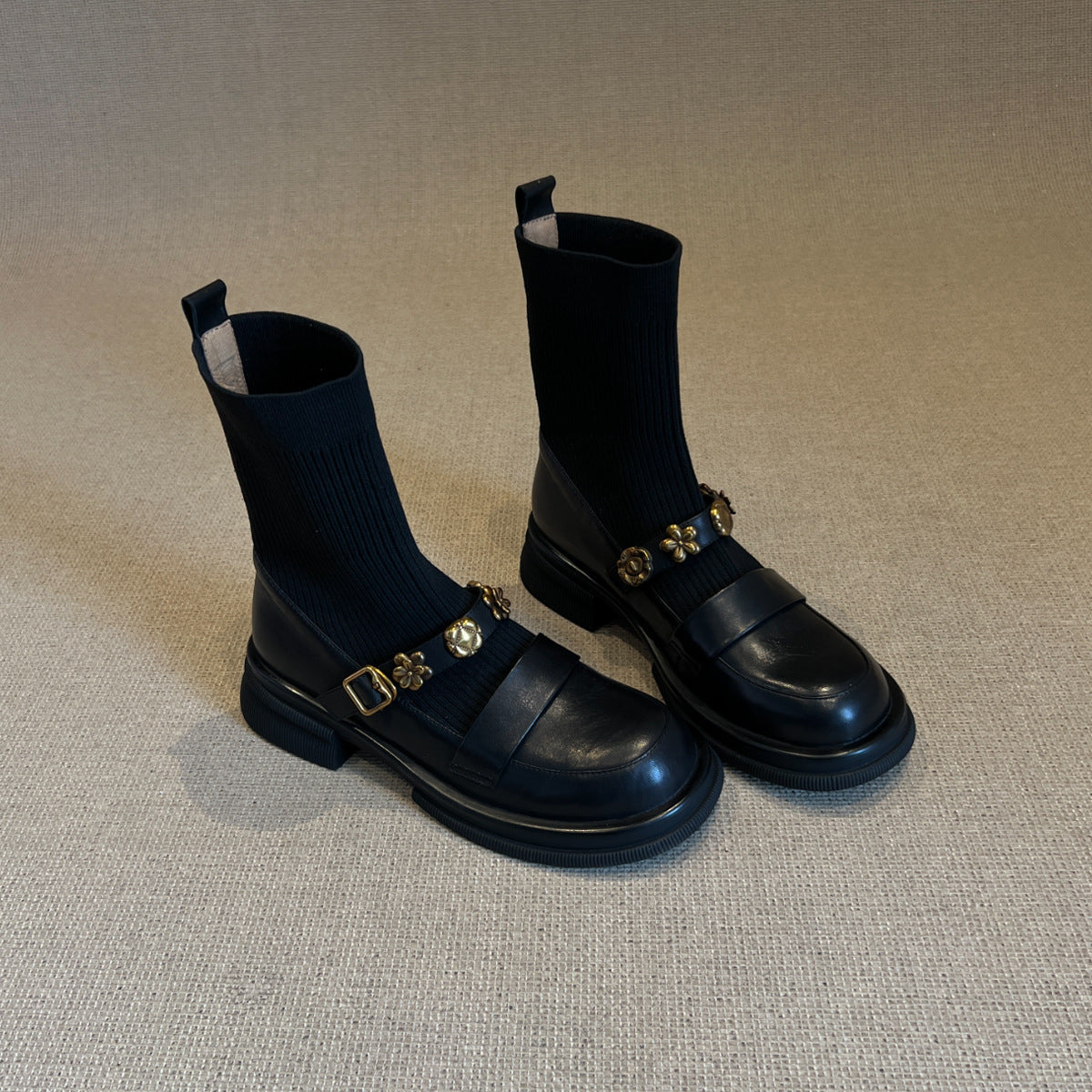 Damen Elegante Ankle Boots mit modischem Strickschaft und dekorativen Schnallen R&B