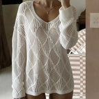 Damen elegantes Strickoberteil mit V-Ausschnitt und modischem Lochmuster R&B