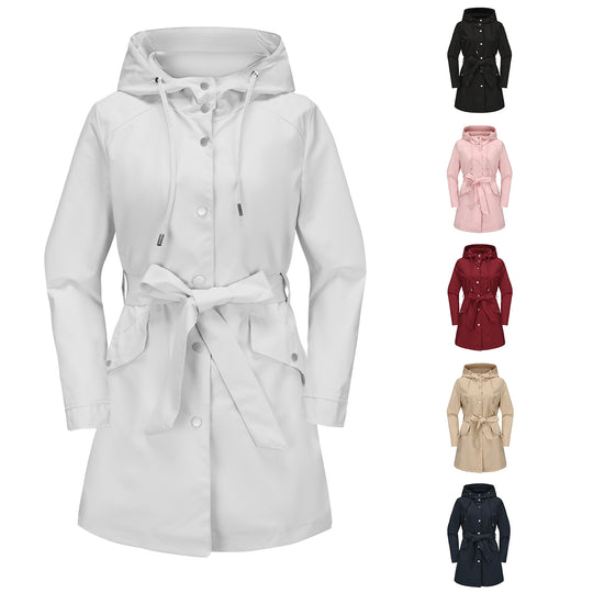 Damen wasserfeste Übergangsjacke mit verstellbarem Kapuzenkragen und Taillengürtel R&B