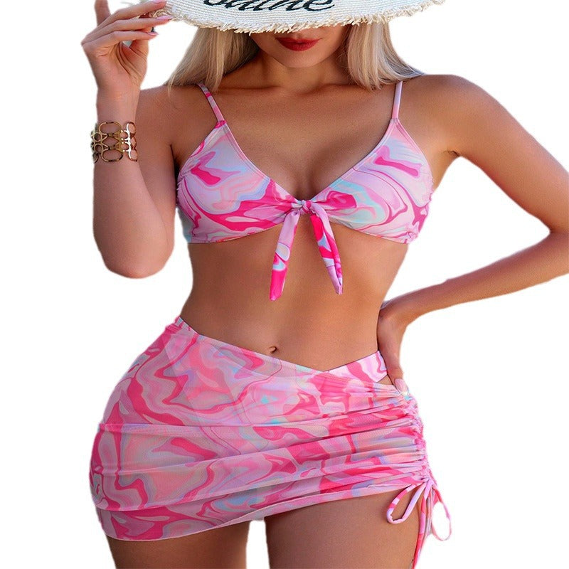 Damen Bikini-Set mit verspieltem Knoten-Oberteil und rüschenverziertem Rock R&B