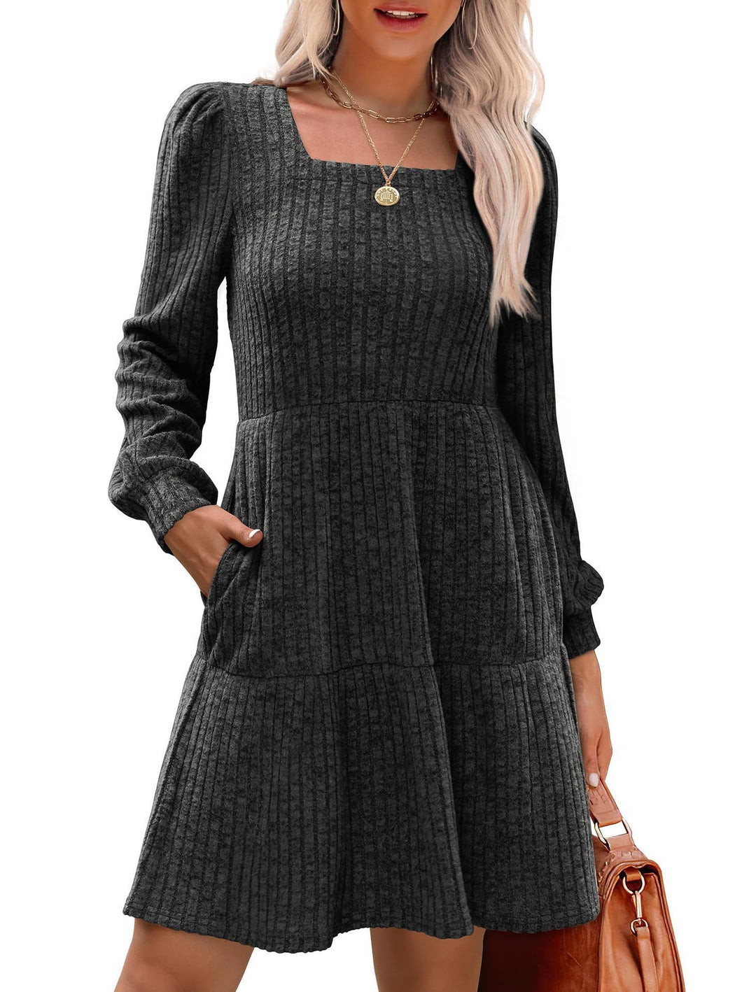 Damen Strickkleid mit modischem Quadrat-Ausschnitt und fließendem Rock R&B
