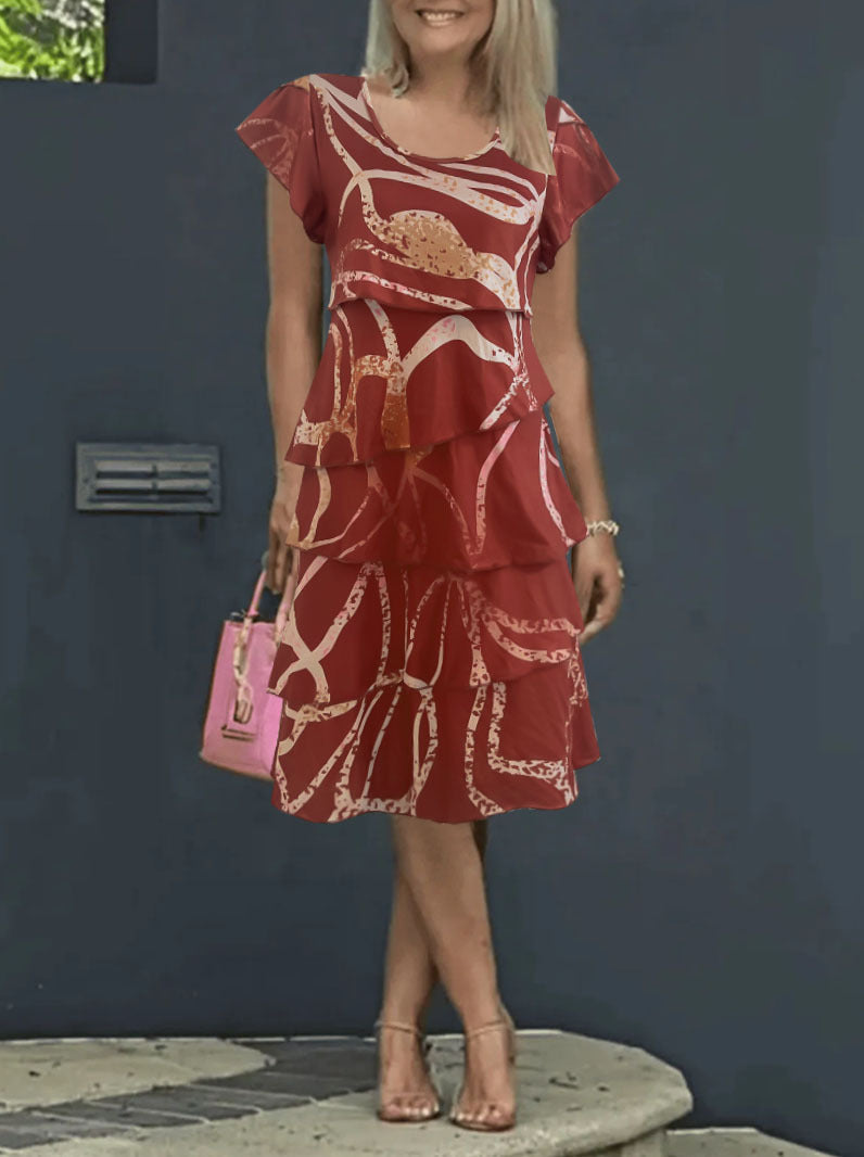 Damen fließendes Wickelkleid mit elegantem Layering und einzigartigem Muster R&B