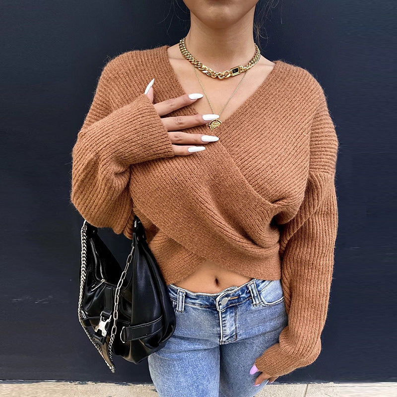 Damen Gemütlicher Strickpullover mit modernem Wickeldesign R&B