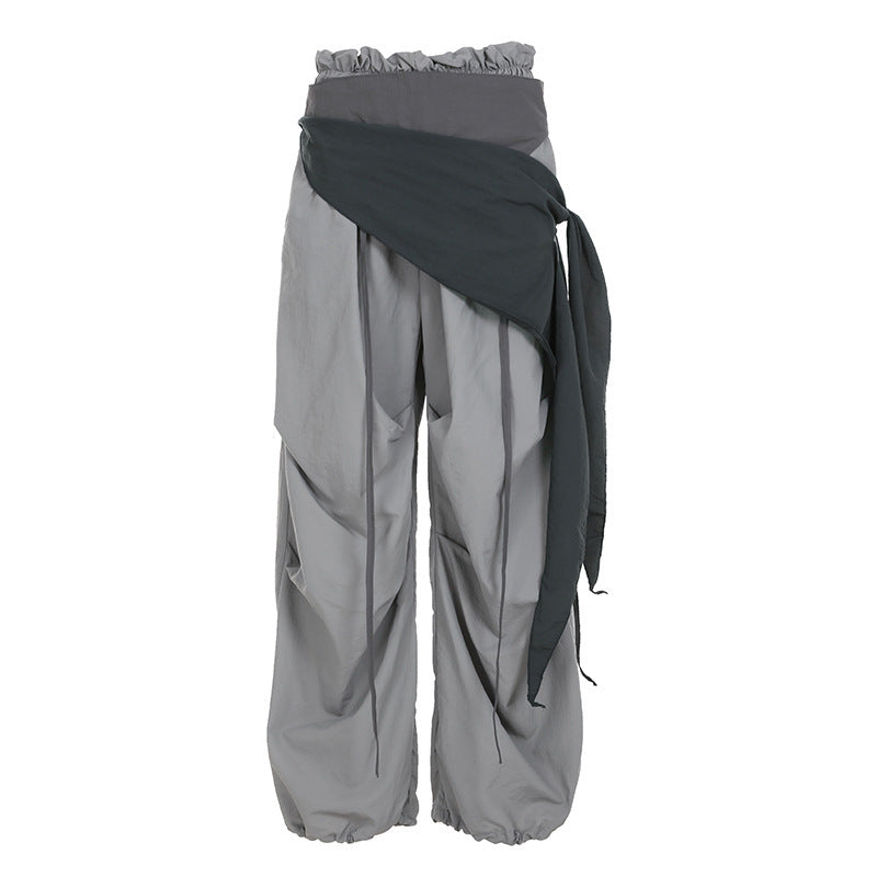 Damen modische High-Waist-Hose mit asymmetrischem Design und seitlichem Bindegurt R&B