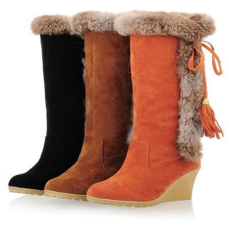 Damen Wedge-Stiefel mit kuscheligem Kunstfell und modischen Quasten R&B