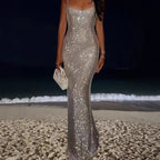 Damen Elegantes Pailletten Maxikleid mit tiefem Rundhalsausschnitt und figurformendem Schnitt
