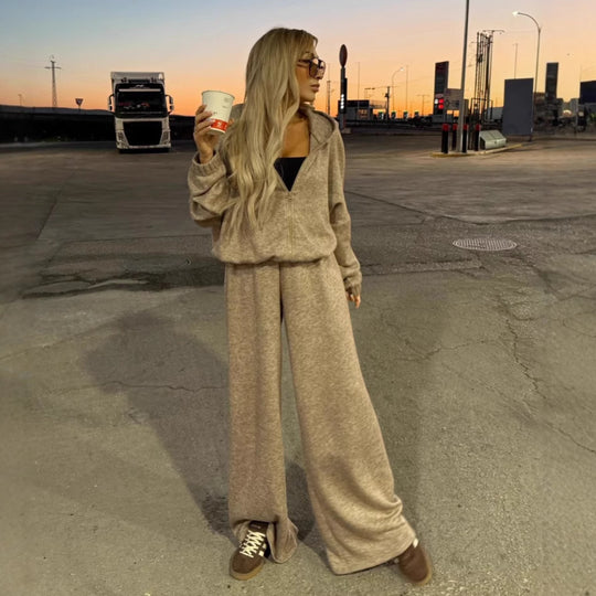 Damen Loungewear-Anzug aus weichem Fleece mit Kapuze und weitem Schnitt R&B
