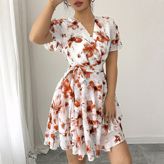 Damen Wickelkleid mit floralem Muster und schwingendem Rock R&B