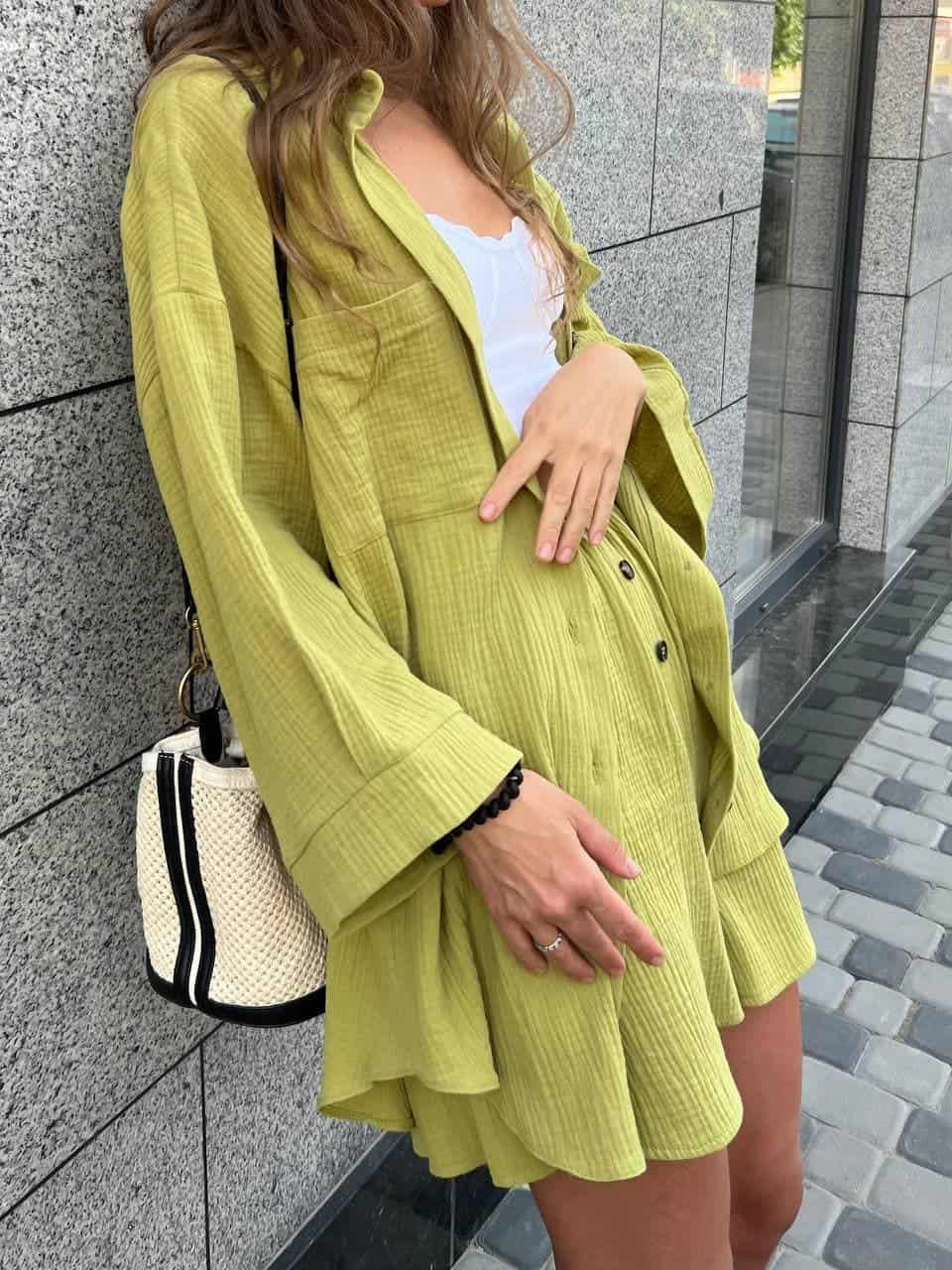 Damen Lässiges Zweiteiliges Set aus leichtem Baumwollmaterial mit oversized Hemd und Shorts R&B