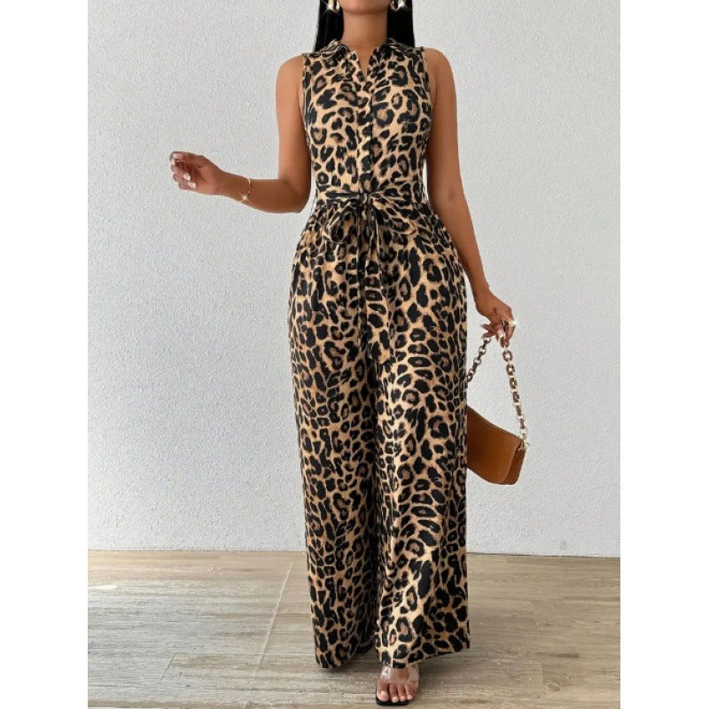 Damen Jumpsuit mit Leopardenmuster und Taillengürtel R&B