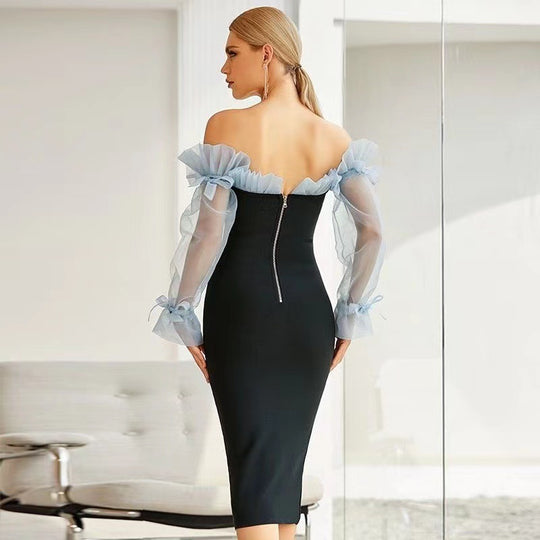Damen Figurbetontes Cocktailkleid mit transparenten Puffärmeln und elegantem V-Ausschnitt R&B