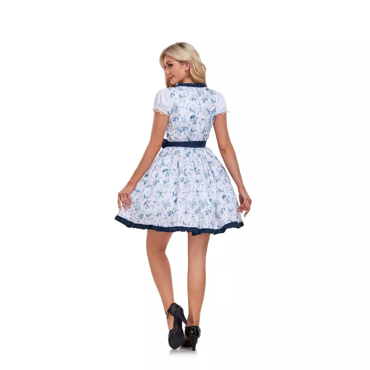 Damen nan kurzes traditionelles Dirndl mit Schnürung Spitzenbesatz Puffärmel und Schürze R&B