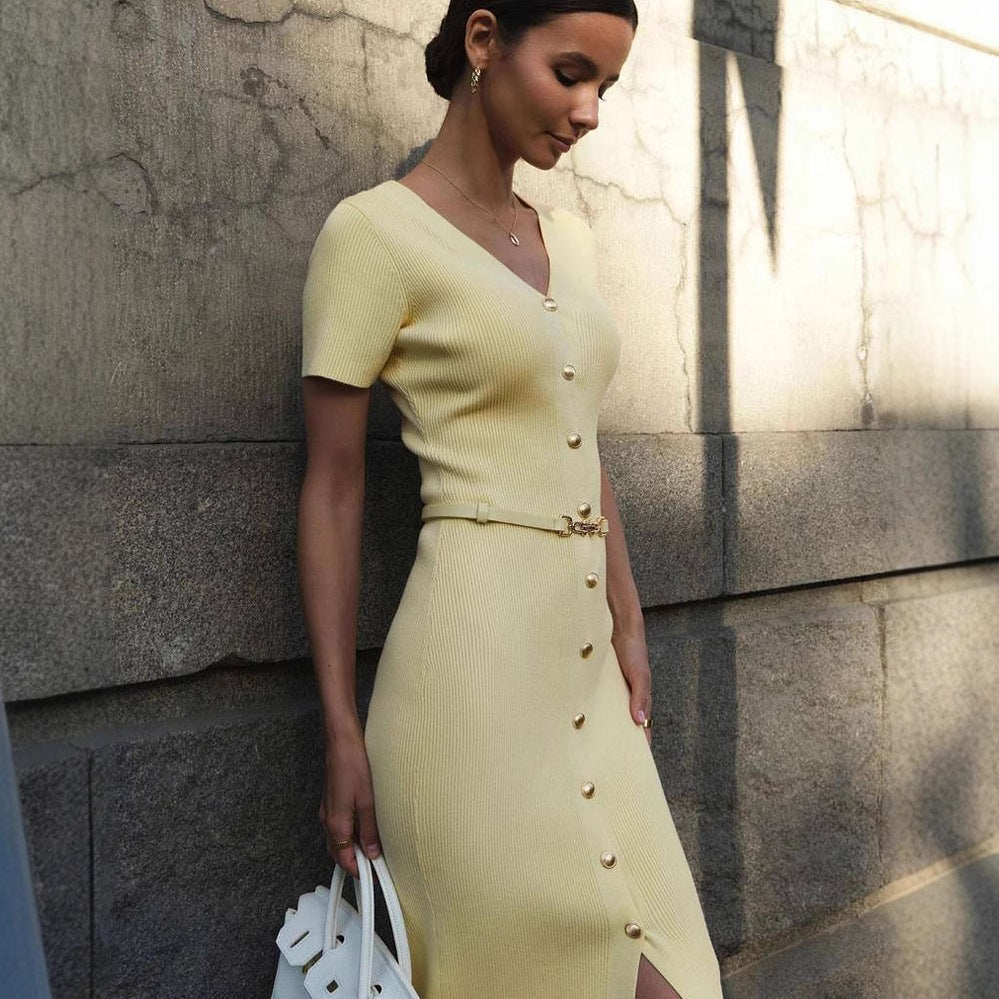 Damen Midi-Kleid mit strukturiertem Rippdesign und Knopfleiste R&B