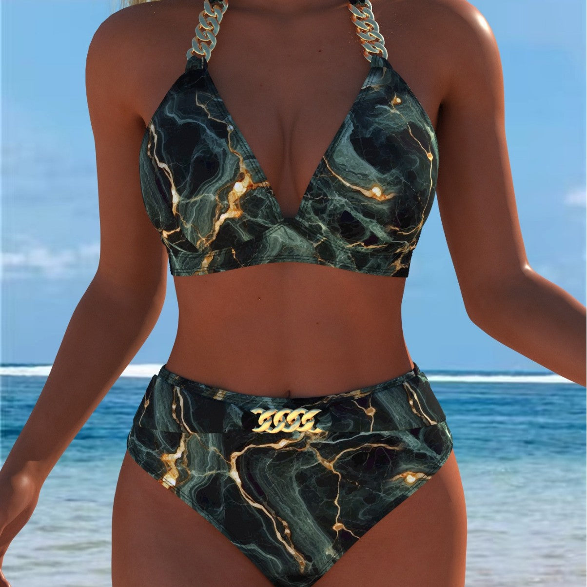 Damen Bikini mit luxuriösem Marmormuster und edlen Details R&B