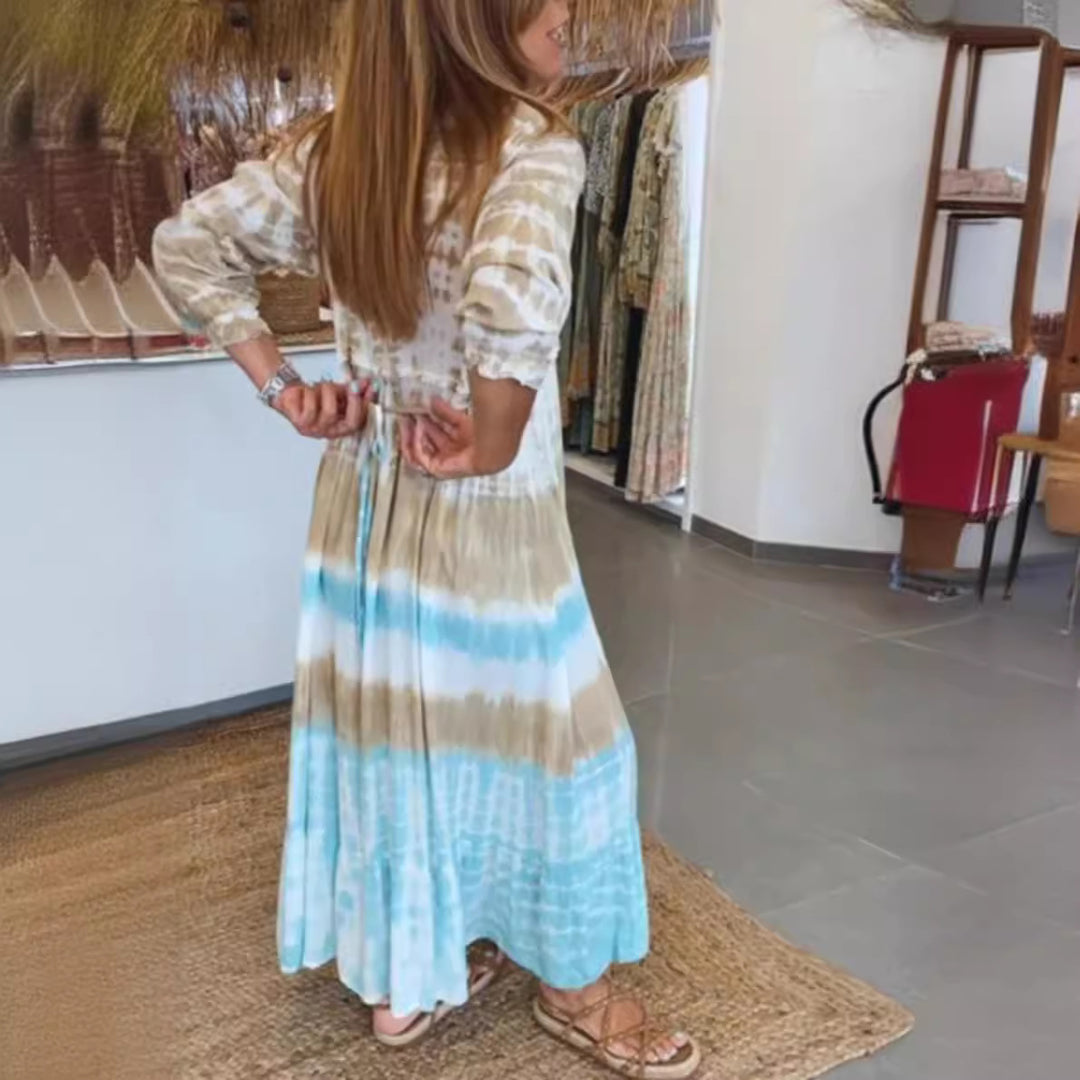 Damen nan luftiges Batik-Stufenkleid mit V-Ausschnitt, Empire-Taille und elastischen Ärmeln R&B