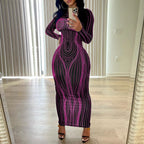 Damen Figurbetontes Langarmkleid mit einzigartiger Linienstruktur R&B