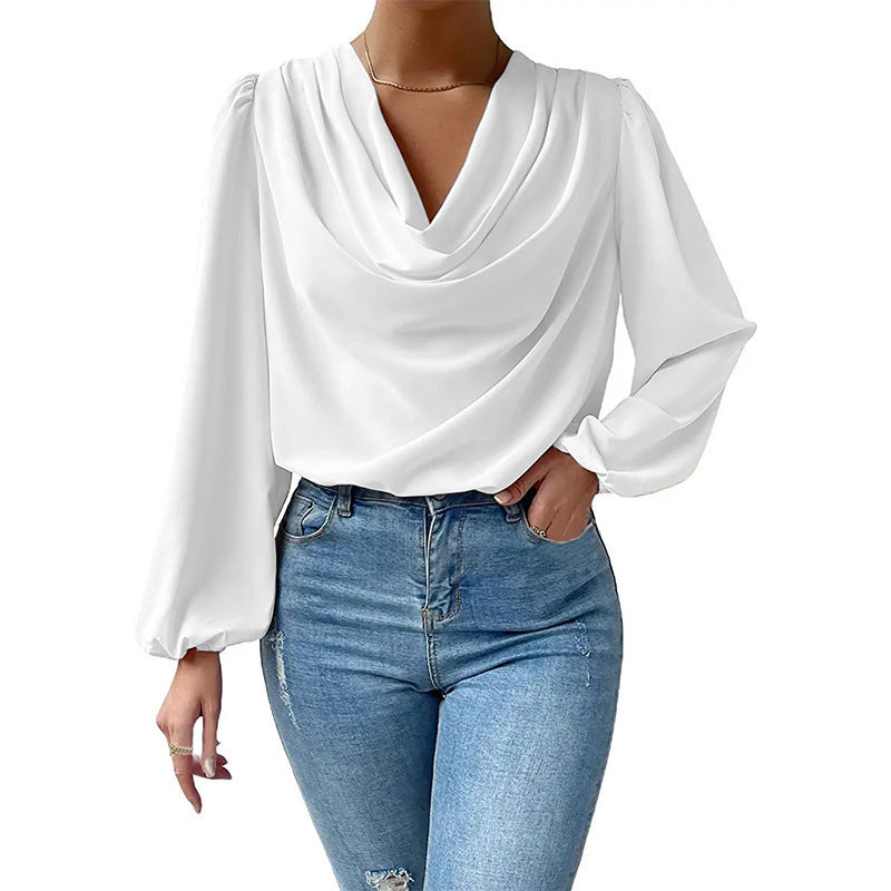 Damen elegante Bluse mit asymmetrischem Halsansatz und langen Ärmeln R&B