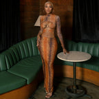 Damen Maxikleid mit elegantem Schlangenhautmuster und hoch geschlossenem Kragen R&B