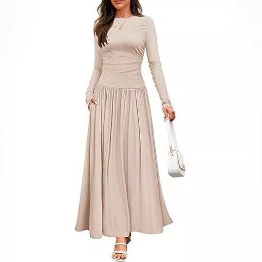 Damen Langärmliges Maxikleid mit eleganten Rüschendetails und praktischen Taschen R&B