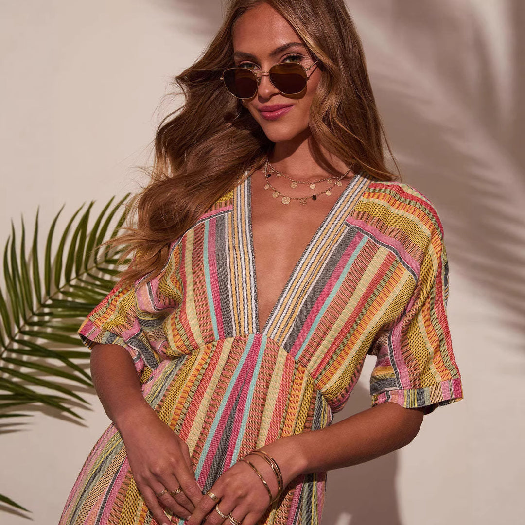 Damen Maxikleid mit tiefem V-Ausschnitt und schwingendem Rock R&B