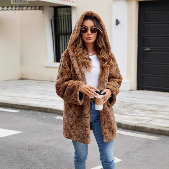 Damen Furry Parka mit Kapuze und elegantem Schnitt R&B