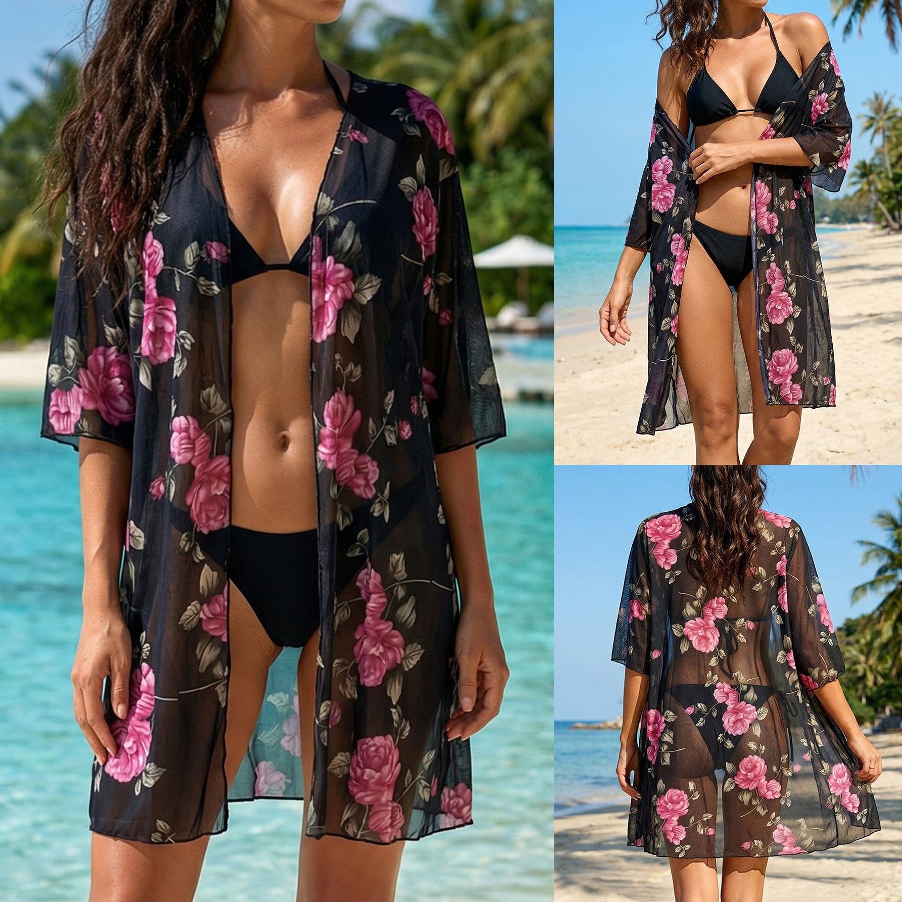 Damen eleganter transparenter Strandüberwurf mit floralem Design R&B