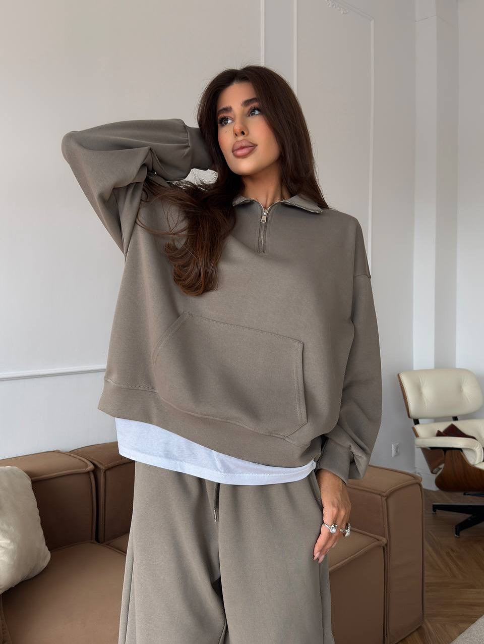 Damen lässiges Fleece-Set mit hochgeschlossenem Reißverschluss und weiten Beinen R&B
